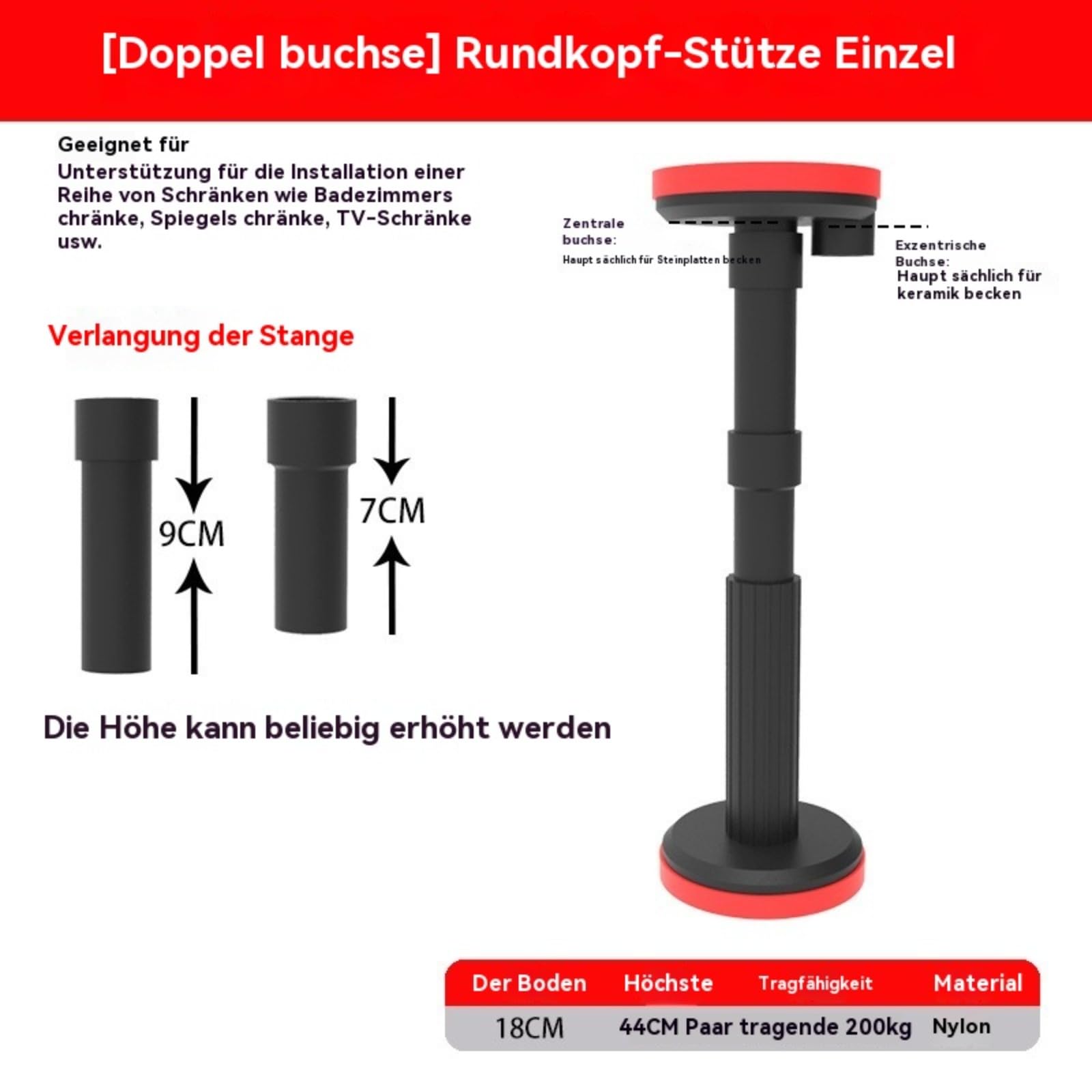 2-teiliges Set Neuer Teleskopstützstangen, verstellbares Stützsystem, Doppelsteckdose verstellbare Stützstangen. Maximale Tragkraft 200 kg, 18 – 60 cm Schrankhebestange, geeignet für Schränke usw.