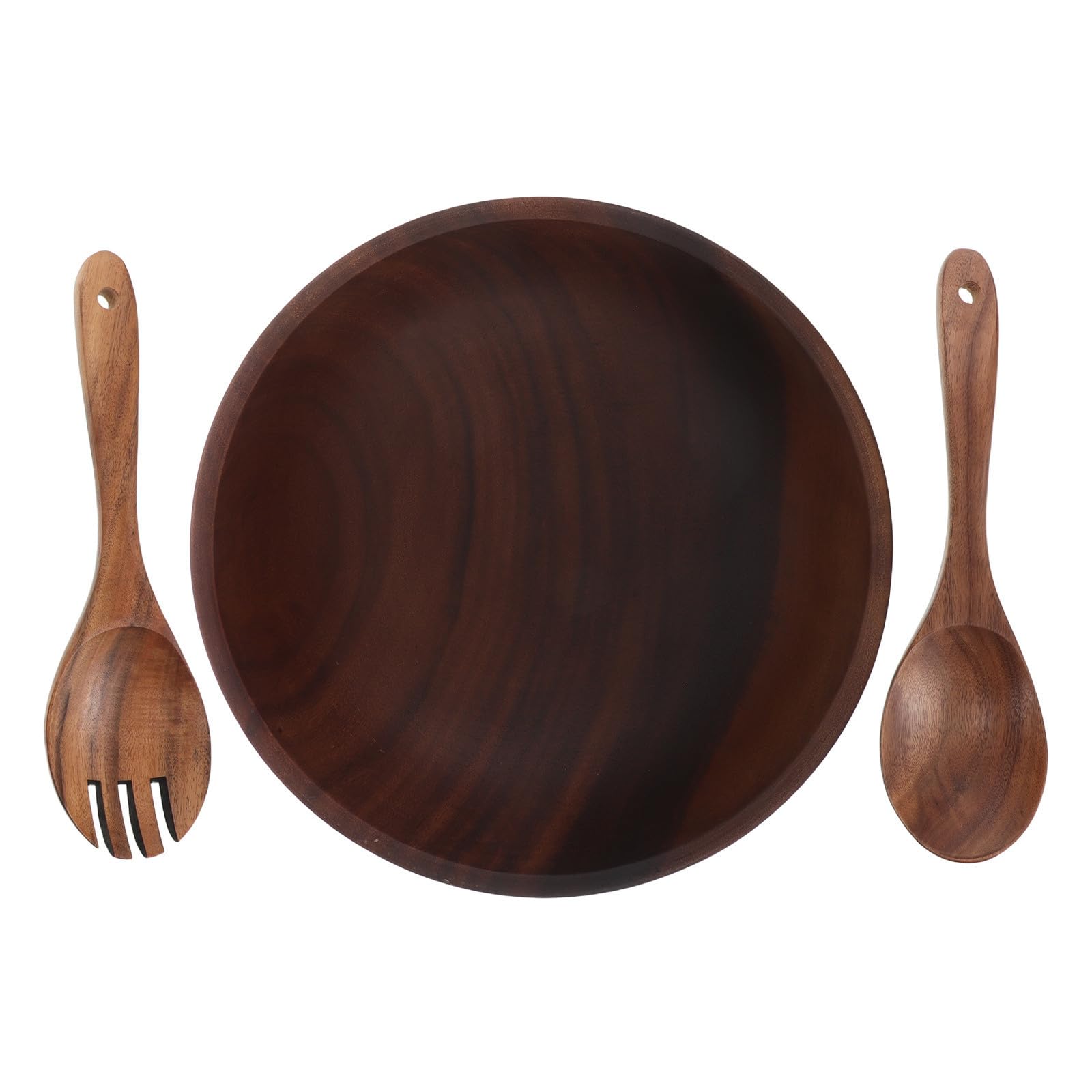 KALLORY Juego de Boles para Ensalada de Madera de Acacia 2, 5 L Redondo | Incluye Tenedor y Cuchara, Color Marrón, Acabado Liso Artesanal, para Reuniones Familiares y Ocasiones Obsequios