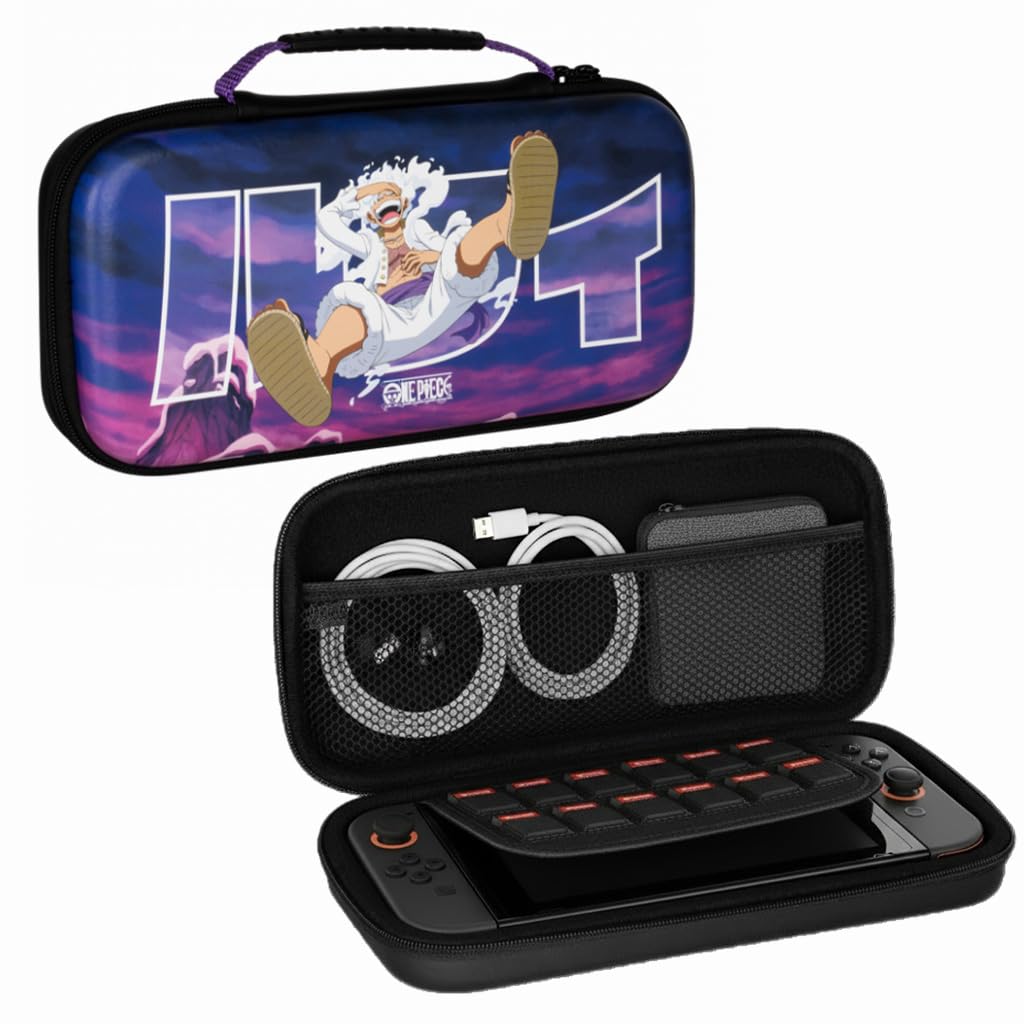 Konix One Piece Schutzhülle Und Tragetasche Für Nintendo Switch 2 - Zubehörfach - 8 Spielefächer - Motiv Luffy Gear 5 - Violett