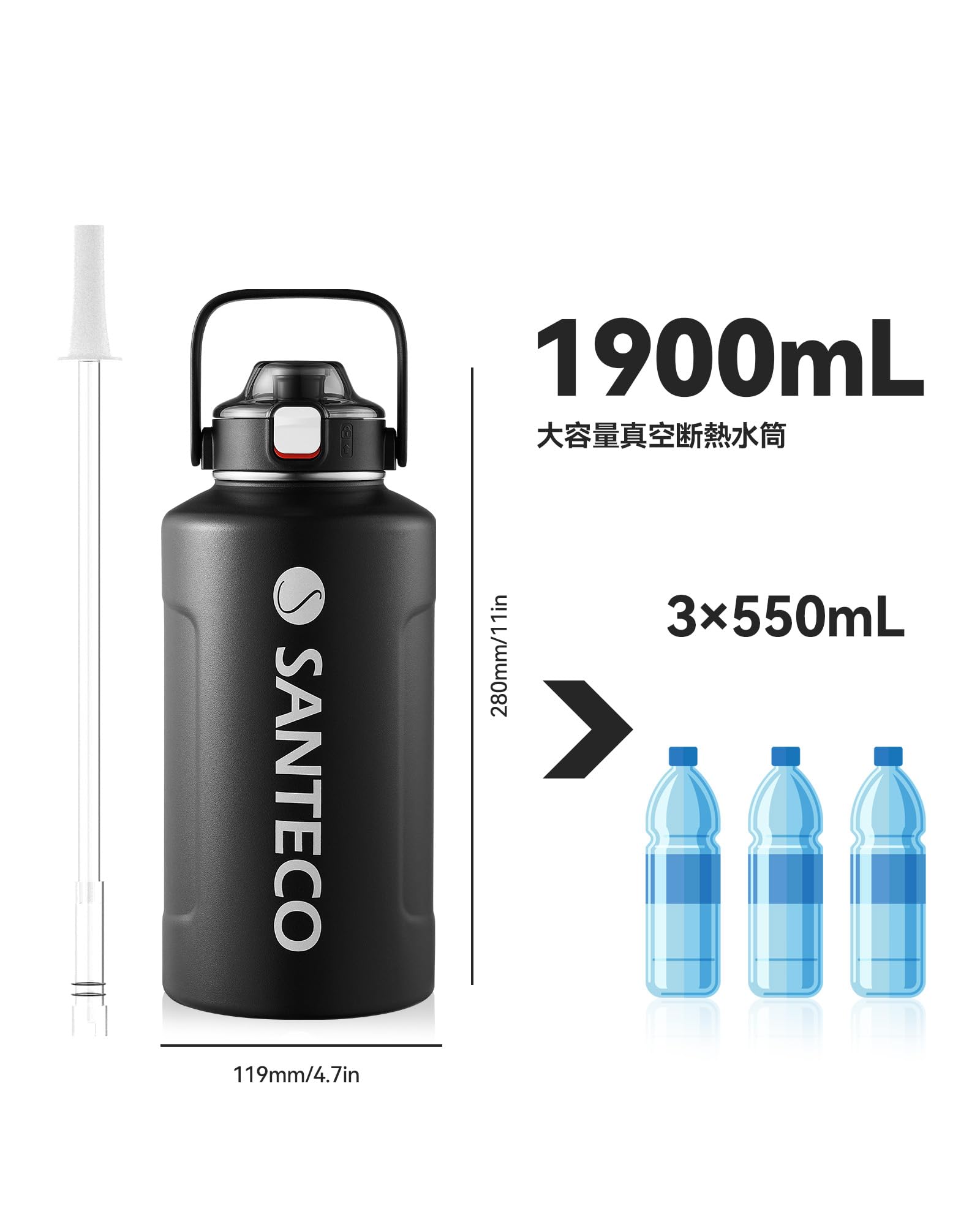 Amazon | SANTECO 真空断熱 水筒 大容量 保冷 保温 1900ML ステンレス
