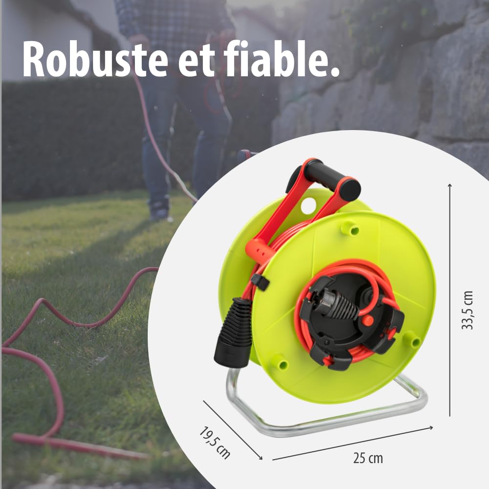 Brennenstuhl Enrouleur de câble Standard SM1-RB/Enrouleur électrique avec rallonge et technologie Bretec (fiche, prolongateur, poignée cablepilot, disjoncteur, 30m H05VV-F) fabriqué en France