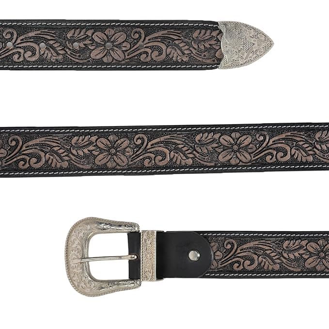 Image of Western Leather Belt for Men & Women, Floral Embossed Cowhide, Durable Rodeo Style for Jeans, Casual Wear & Country Outfits