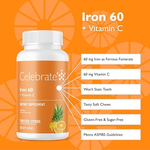 Miniatura 2 de Celebrate Vitamins Hierro bariátrico con vitamina C  60 mg de hierro suave masticable, sabor cítrico torcido, 30 unidades  Vitaminas bariátricas