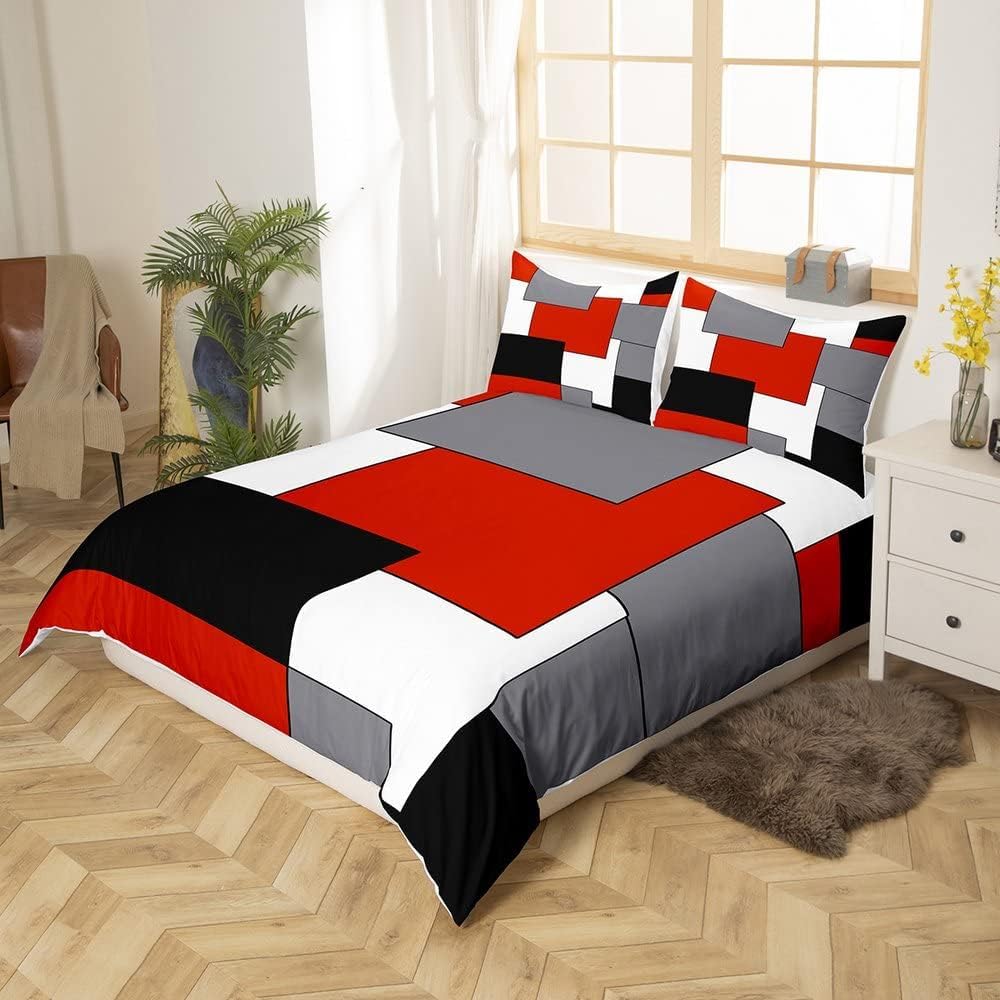 Homewish Juego de funda de edredón para adolescentes, tamaño super king, diseño geométrico cuadrado, líneas de rayas, para jóvenes, funda de edredón de cuadrícula abstracta moderna, suave, para niños