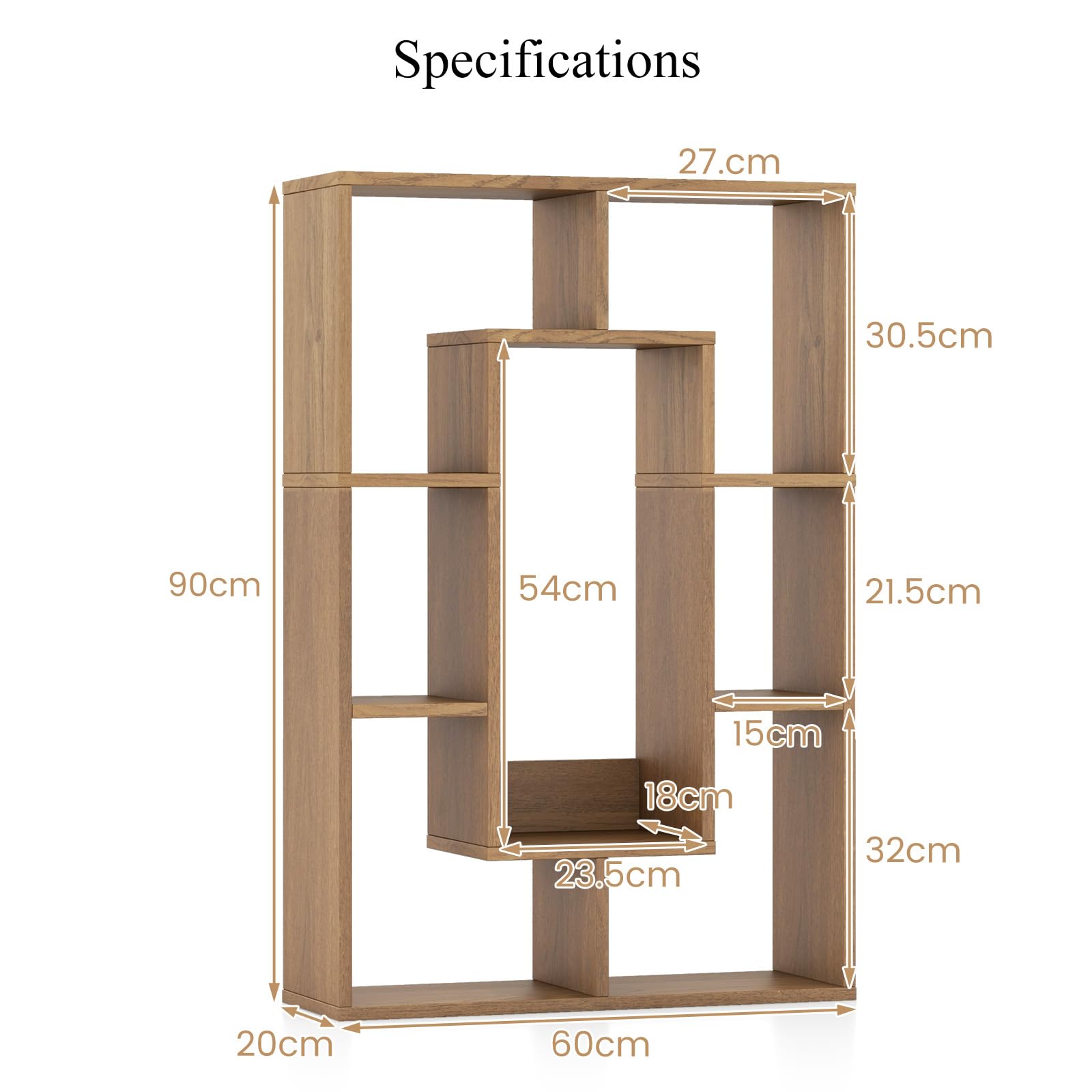 HOMASIS Bibliothèque en Bois à 7 Compartiments, Meuble de Rangement avec Protection Anti-Retournement, Étagère d'angle Séparatrice de Pièces pour Salon, Bureau, Chambre, 60 x 20 x 90 cm (Naturel)