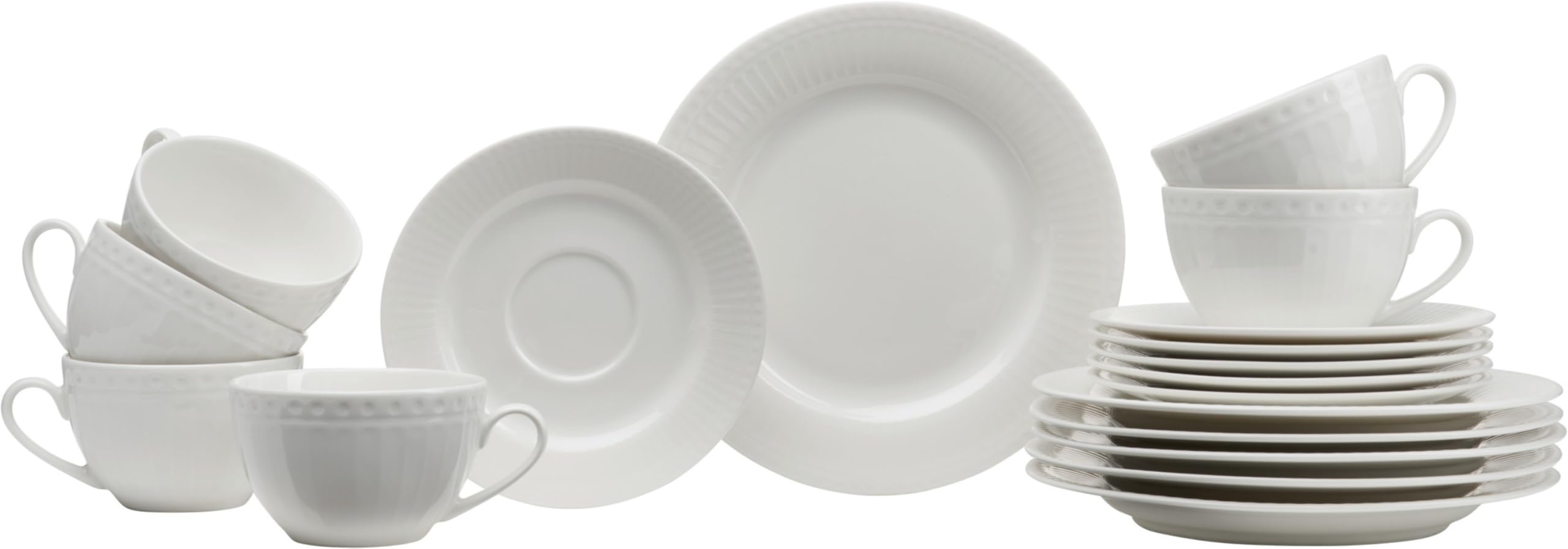 Ritzenhoff & Breker Sofia 18-częściowy serwis do kawy, talerze deserowe (20 cm) i filiżanki ze spodkami (220 ml) dla 6 osób, zestaw do kawy z drobnym rowkowaniem, naczynia Fine Dining, porcelana,