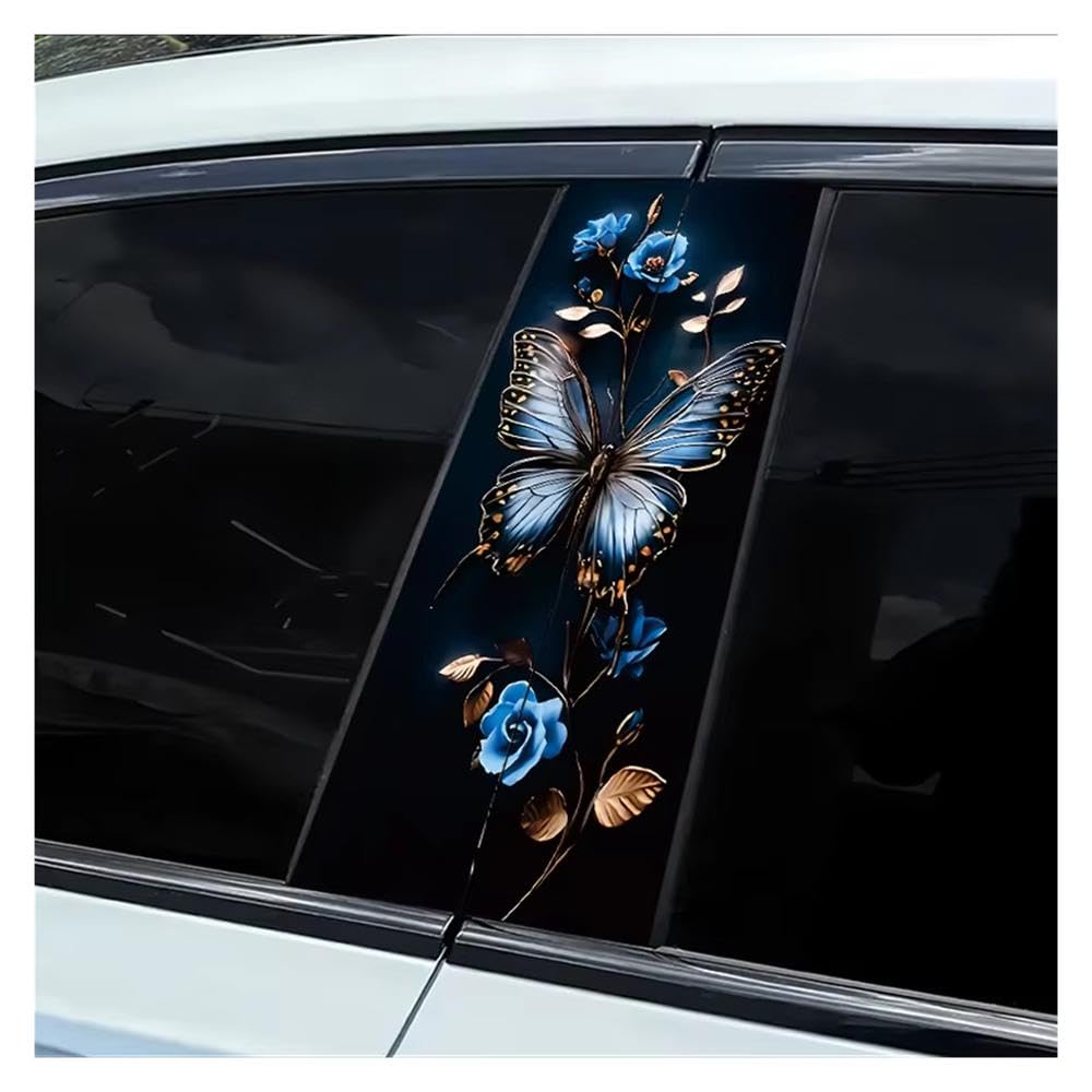 Autocollants pilier de fenêtre voiture papillon et roses bleues, 2 pièces
