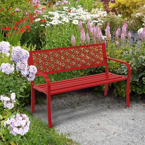 Image of VINGLI 50 inch Outdoor Bench Metal with Floral Back, Garden Bench Front Porch Bench for Yard Patio Entryway Park Outside, 800lb Capacity - Red