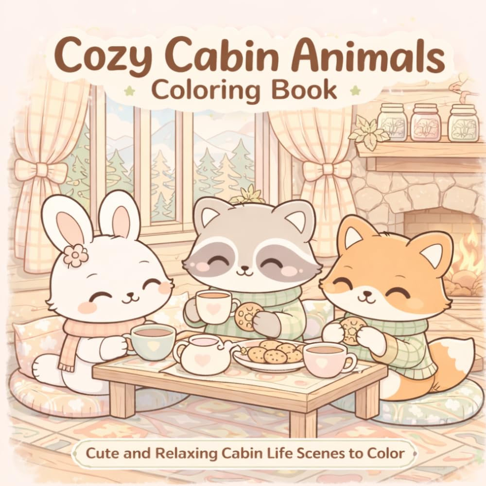 Cozy Cabin Animals Coloring Book: Cute Kawaii Scenes of Relaxing Animals in Warm Cozy Cabins for Stress Relief and Mindful Coloring