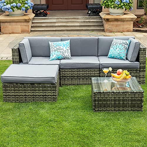 Yitahome 5 Piece Outdoor Patio Furniture Sets, All-Weather Wicker Sectional Sofa Patio Conversation Set With Ottoman, Coffee Table And Cushions, Gray Gradient #TOP8