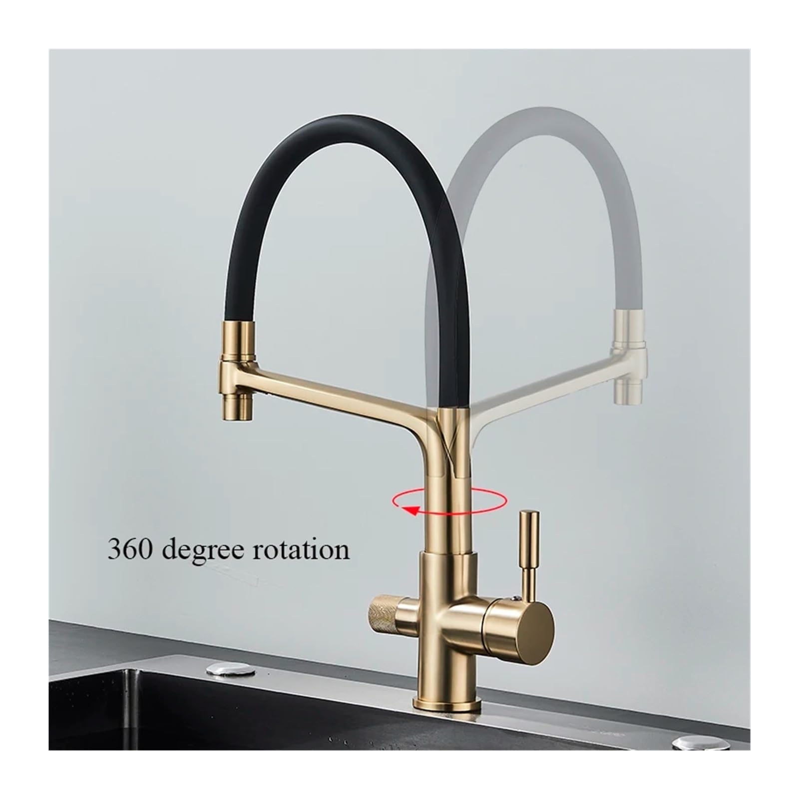 Grifo de Cocina con Filtro de Agua y Doble manija, Grifo de Cocina con Acabado Cepillado Dorado, Grifo de Cocina purificador de Agua fría y Caliente, Mezclador de tocador de baño