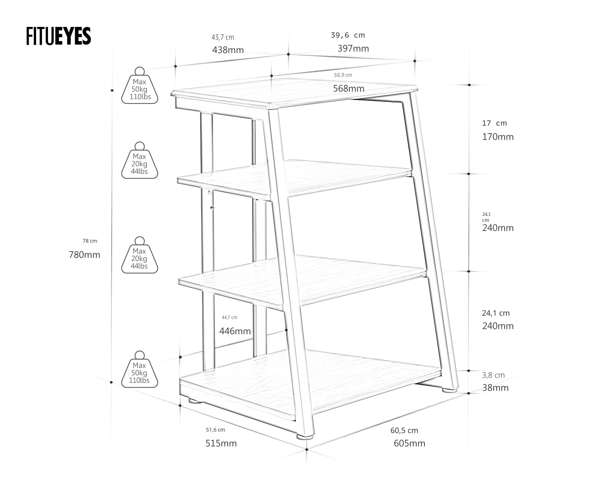 FITUEYES Meuble HiFi à 4 Etagères en Bois et Acier Support pour Platine Vinyle Meuble Audio/Vidéo Capacité de Charge Max. 50KG Structure Solide