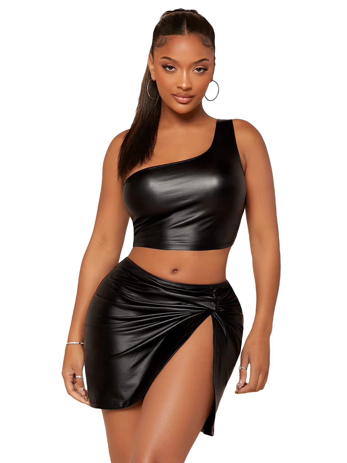 Womens Piece Pu Leather Outfits One Shoulder Crop Top