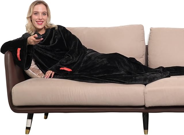 Winthome Wearable Blanket with Sleeves. Soft and Warm for Sofa Lovers. Two Sizes, with Elastic Cuffs, Hook and Loop Fastener (Black, 140x170cm)