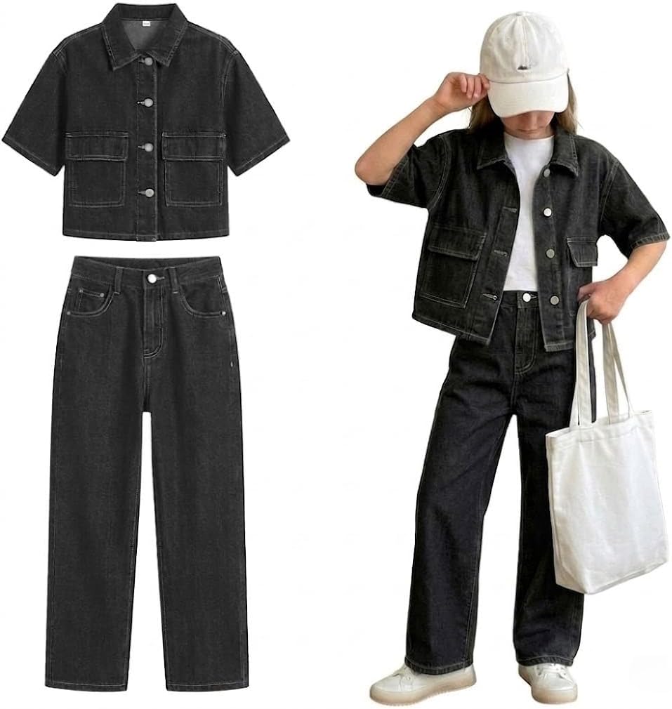 Girls 2-Piece Denim Set, 90s Vintage Short Sleeve Jacket & Straight-Leg Pants, Classic Casual School Outfit 8-12Y