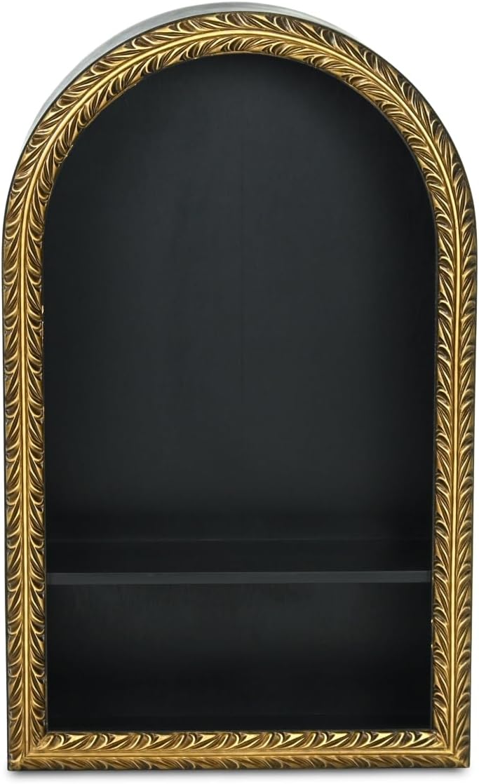 Mireza 2-Tier Arched Wood Curio Shelf – 22" Tall Modern Minimalist Design – Black & Gold Finish – for Wall or Table – by Cheungs