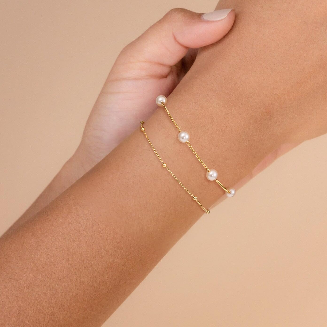 NECOCY 14K Gold Plated Pearl Bracelets for Women, Dainty Bracelets Stack Trendy Pearls Beaded Link Chain Charm Bracelets Set Layered Non Tarnish Tiny Cute Jewelry for Women Valentine's Day - Image 2