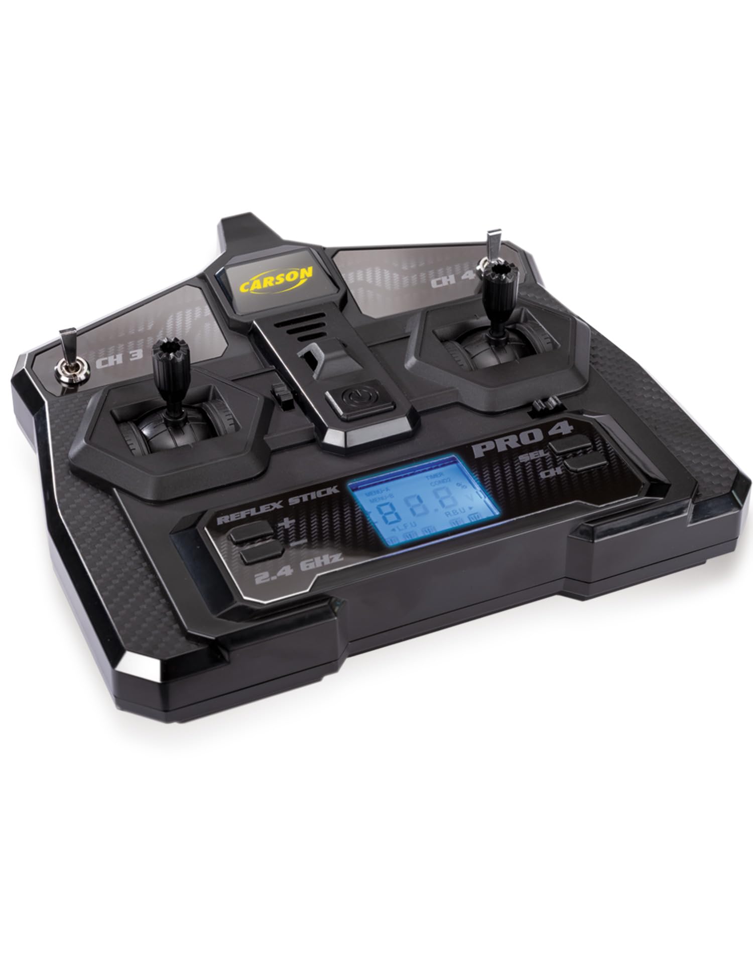 Carson FS 4K Reflex Stick Pro 4 LCD – zdalne sterowanie RC, 4-kanałowy system 2,4 GHz, wyświetlacz LCD, pamięć modelu, Dual Rate, Failsafe, czarny