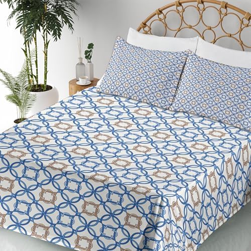 Ambesonne Quatrefoil Sheet Set, Delft Blue Inspired Pattern Intricate Old Dutch Tile Motifs, Fitted and Flat Sheet with Pillowcases Bedding Accent 4 Piece Set, Queen, Pale Brown Blue White - Thumbnail 5