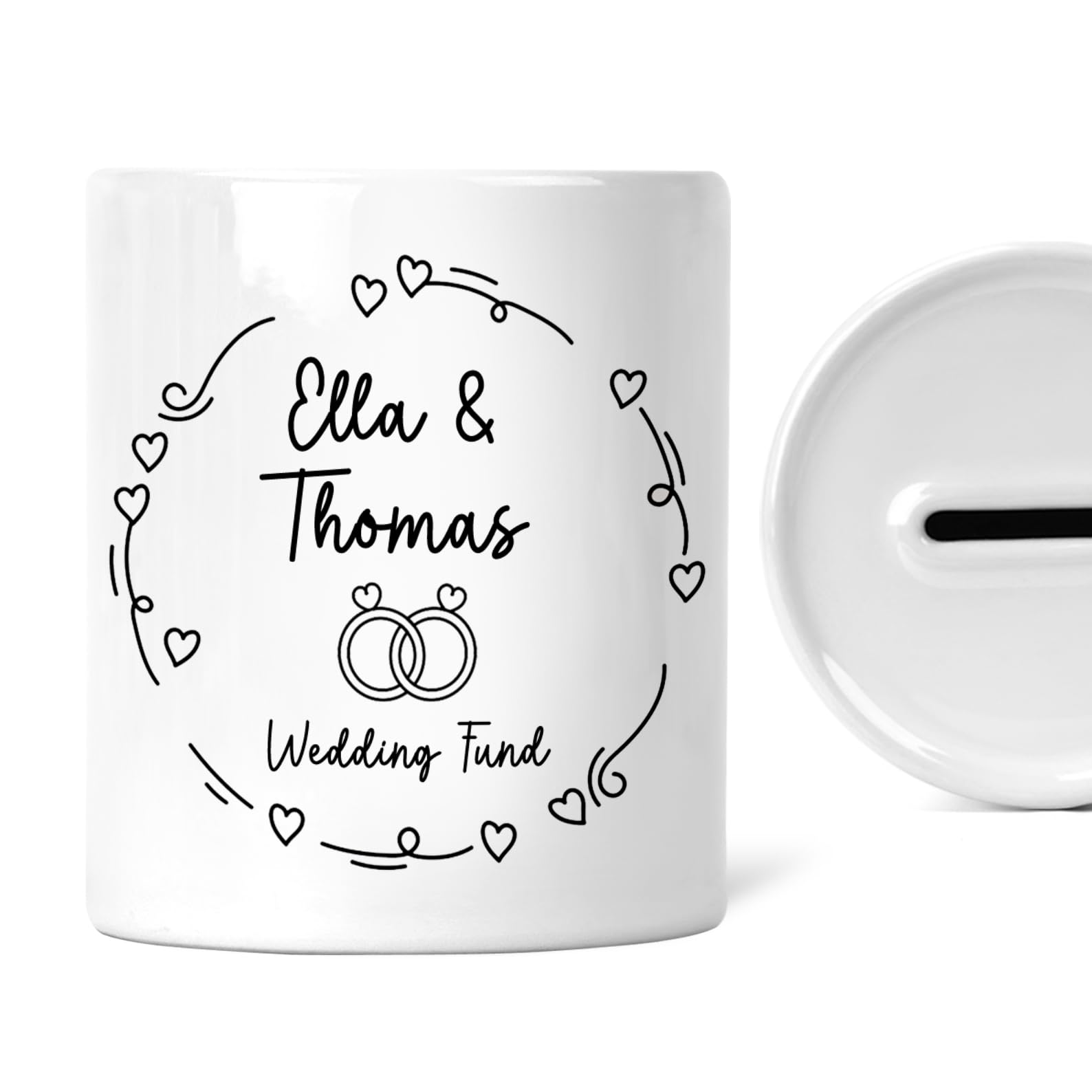 Personalised Wedding Fund Money Box | Add Names and Date | Wedding Rings Wreath | Engagement Gift, Fiance Gift | Wedding Savings Pot | Gifts For Engagement