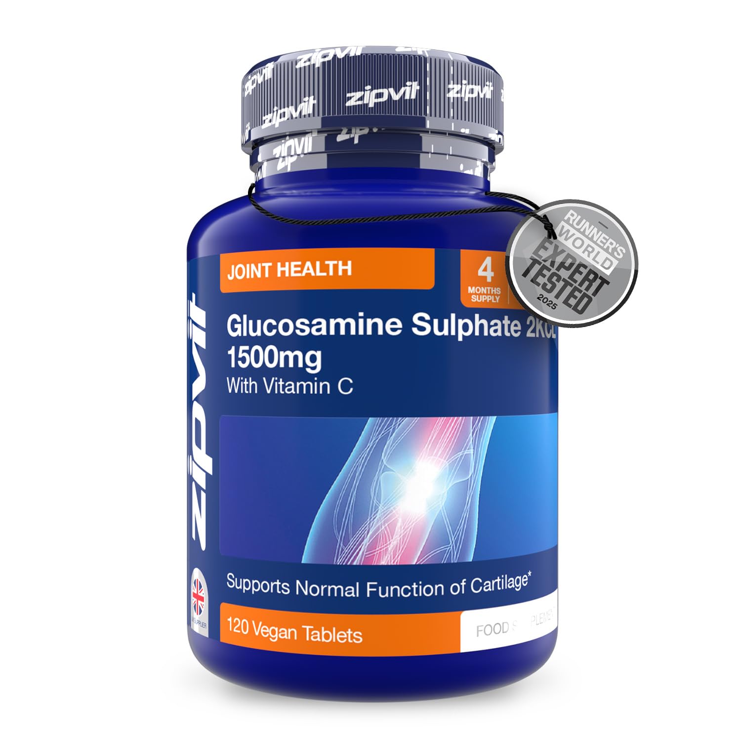 Glucosamine Sulphate 2KCl 1500mg with Vitamin C, High Strength Joint Supplement, Supports Cartilage, Joints and Bones, Shellfish Free, 120 Vegan Tablets, 4 Month Supply