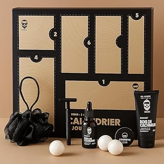 6-Tage-Adventskalender für Männer – Luxus-Pflegeset mit Duschgel, Rasierer, Parfüm & Badeaccessoires – Geschenkbox für Männer mit holzigem Duft – Schwarz