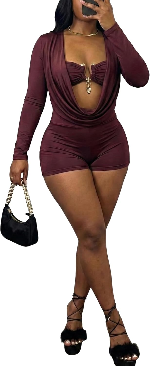 Women Sexy Long Sleeve Romper Deep V Cowl Neck Bodycon Jumpsuit Metal Buckle Cutout Clubwear Y2K