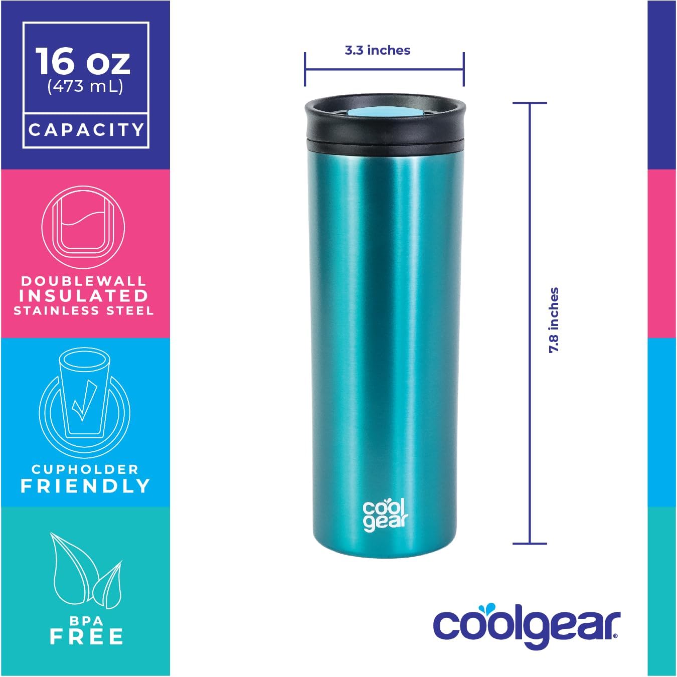 COOL GEAR 2 Pack 16 oz Amelia Coffee Travel Mug with Spill Resistant Slider Lid - Smoke/Purple