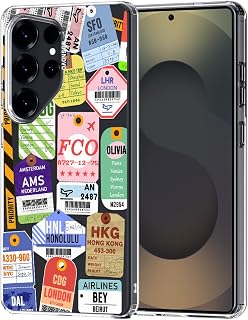 MOSNOVO Case for Samsung Galaxy S25 Ultra, [Buffertech 6.6ft Military-Grade Drop Protection] [Anti Peel Off Tech] Clear TPU Bumper Phone Case Cover Design - Air Ticket Labels