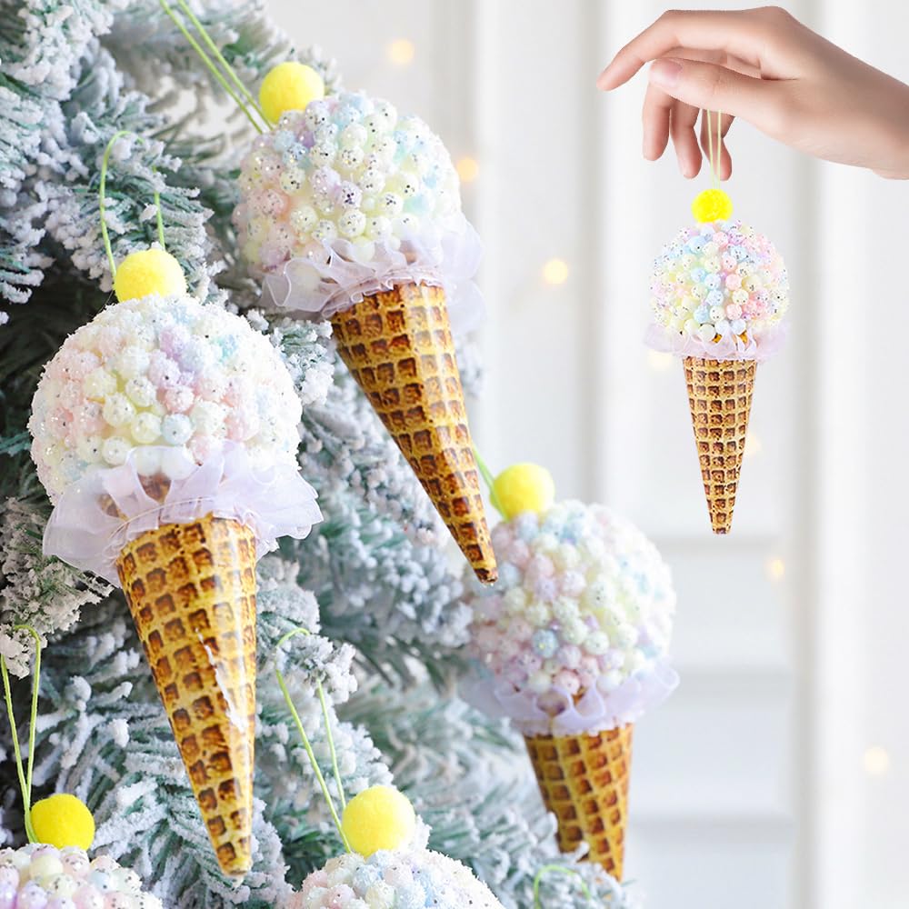Christmas Tree Ice Cream Hanging Ornaments Set 6pcs Pastel Macaron Sweet Ice Cream Foam Hanging Christmas Tree Ornament for Ice Cream Indoor Christmas Holiday Party Home Decor