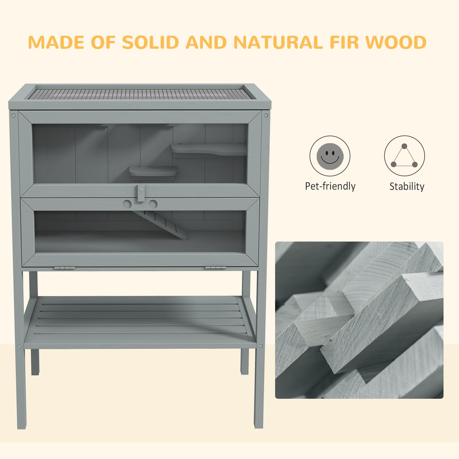 PawHut Jaula de Madera para Hámster con Estante 60x40x80 cm Gris | Casa de juego para animales pequeños, jaula para jerbo, techo abrible, rampa, para jerbos, hámsteres enanos