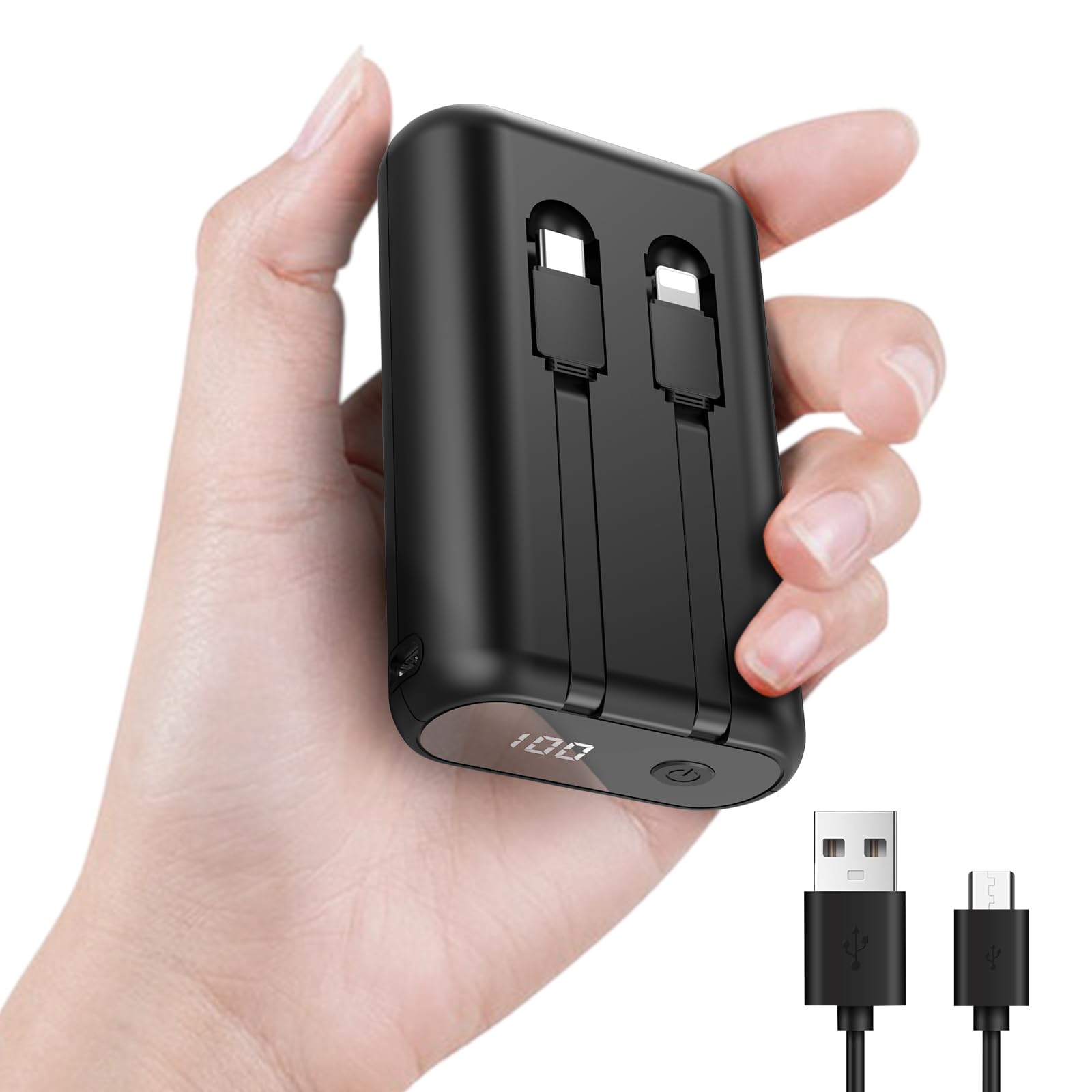 Small Portable Charger 12000mAh, Power Bank Fast Charging Dual Built-in Cables, Mini Portable Charger with LED Display for iPhone, Samsung Galaxy and More (Black)