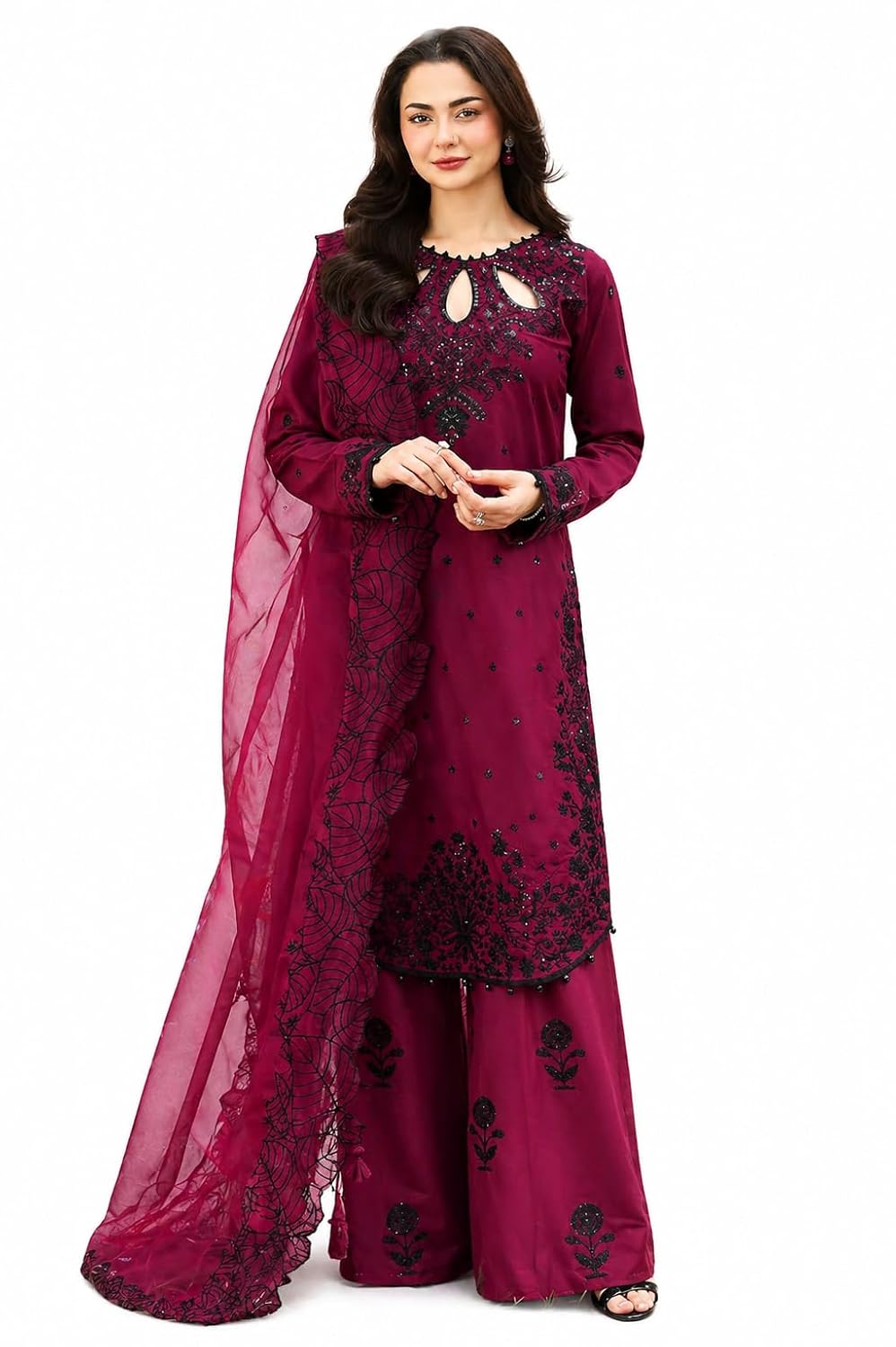 Women’s Embroidered Kurti Palazzo Set with Dupatta, Wine, Silk, Festive & Wedding Ethnic Suit