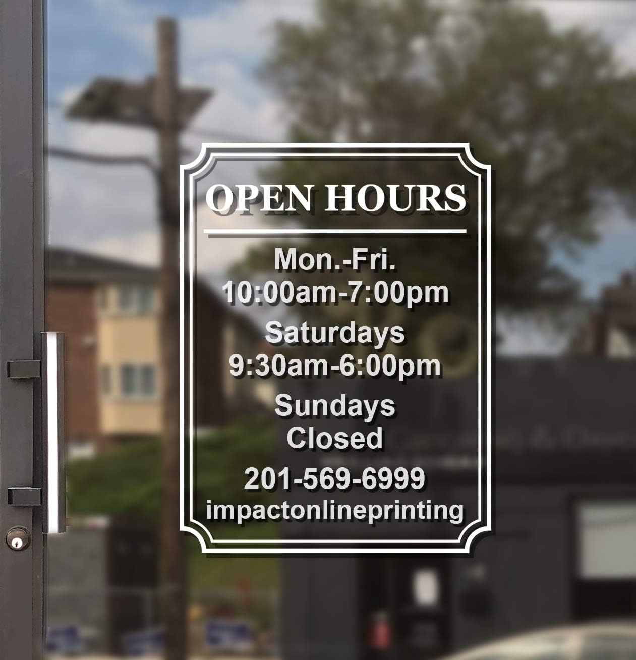 Custom Business Hours Window Decal - Frame Design - Vinyl Custom Lettering, Glass Door Sign - Free Squeegee - Easy Install Manual (14x18)