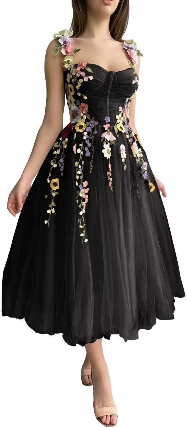 Women's 3D Flower Embroidery Applique Prom Dress Spaghetti Straps Tulle Drawstring Puffy Formal Wedding Guest Gowns