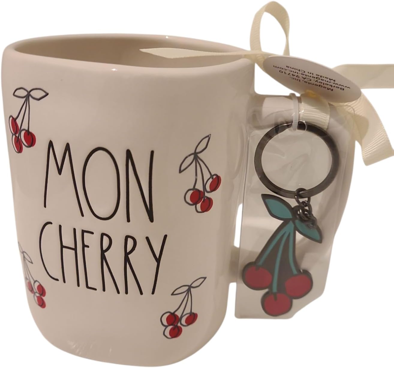 Rae Dunn Mon Cherry Ceramic coffee mug with cherry keychain. Limited edition summer mug.