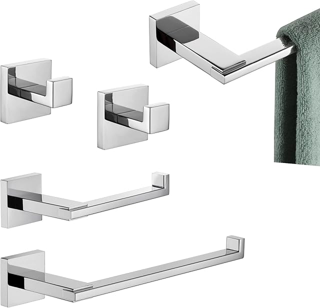 KOKOSIRI 5-Piece Bathroom Hardware Set Bath Accessories, 24'' Towel Bar 9'' Towel Holder Toilet Paper Holder Robe Hooks Wall Mounted, Polished Chrome Stainless Steel B12A5-CH