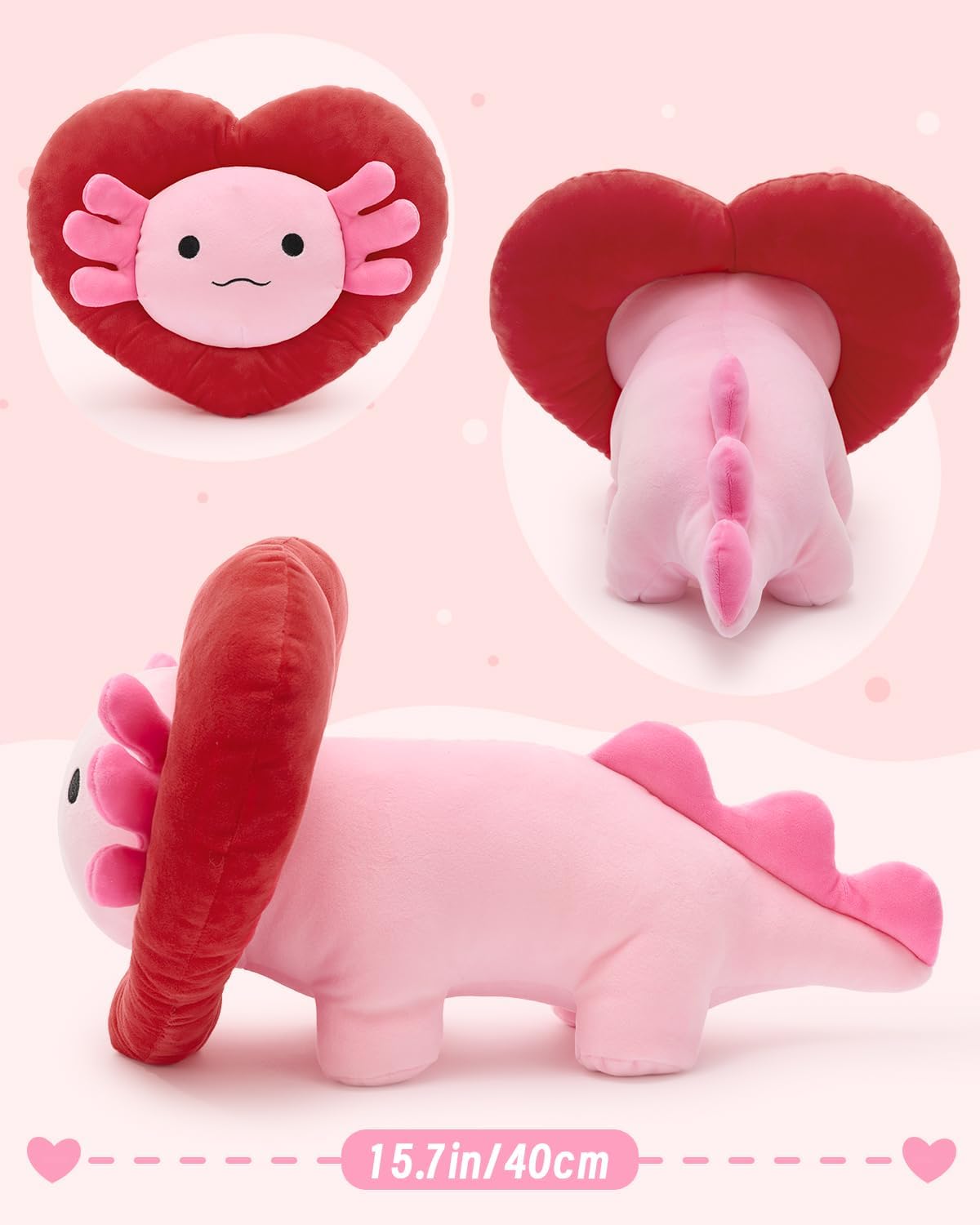 MaoGoLan Valentines Axolotl Plush with Heart-Shaped Hood,Squishy and Soft Salamander Stuffed Animal Throw Pillow,16" Loving Heart Plushie Gift for Valentines Day,Christmas,Anniversary,Mother's Day