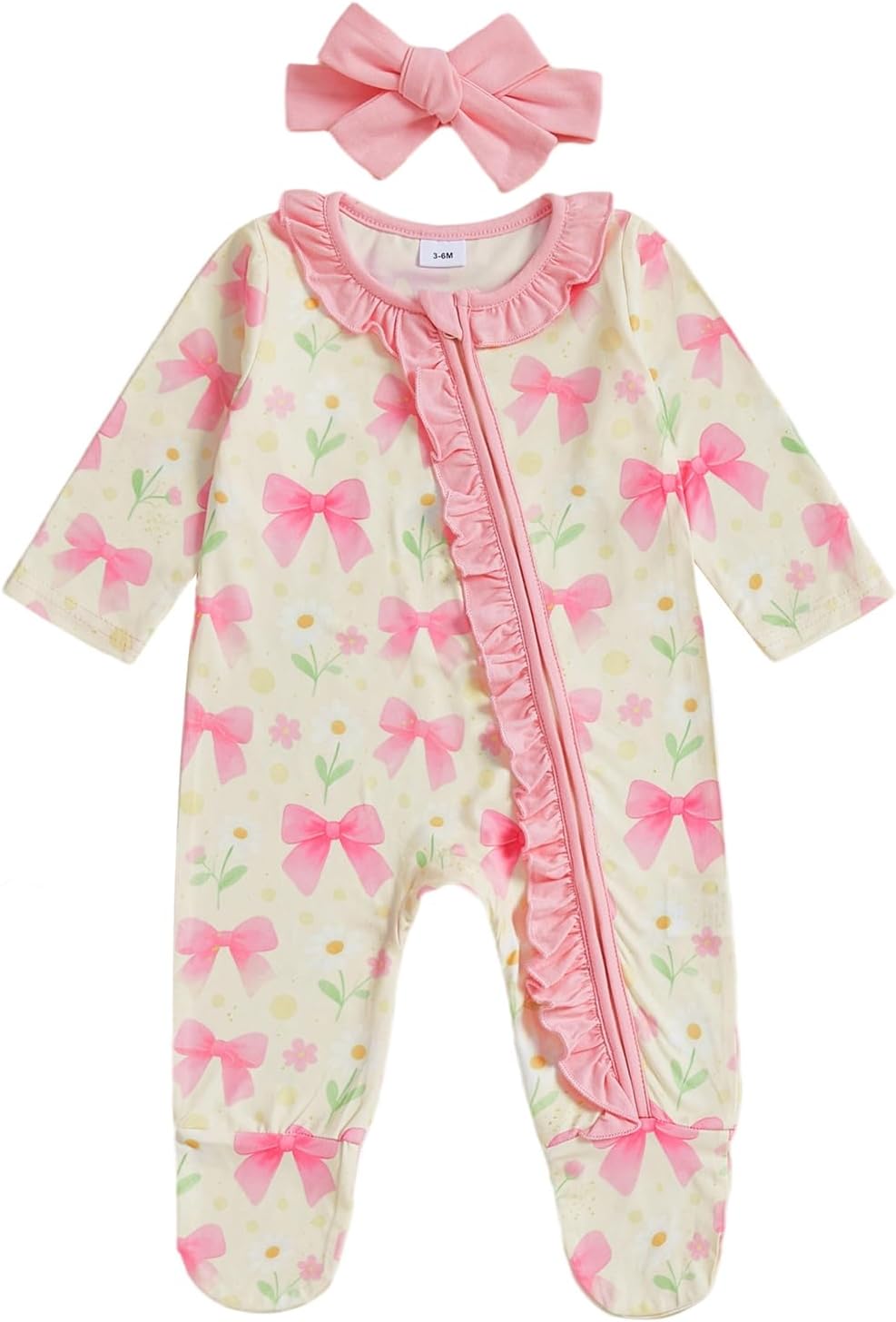 Newborn Baby Girl Valentines Day Outfit Heart Ruffle Long Sleeve Zipper Footie Romper One-Piece Footed Jumpsuit