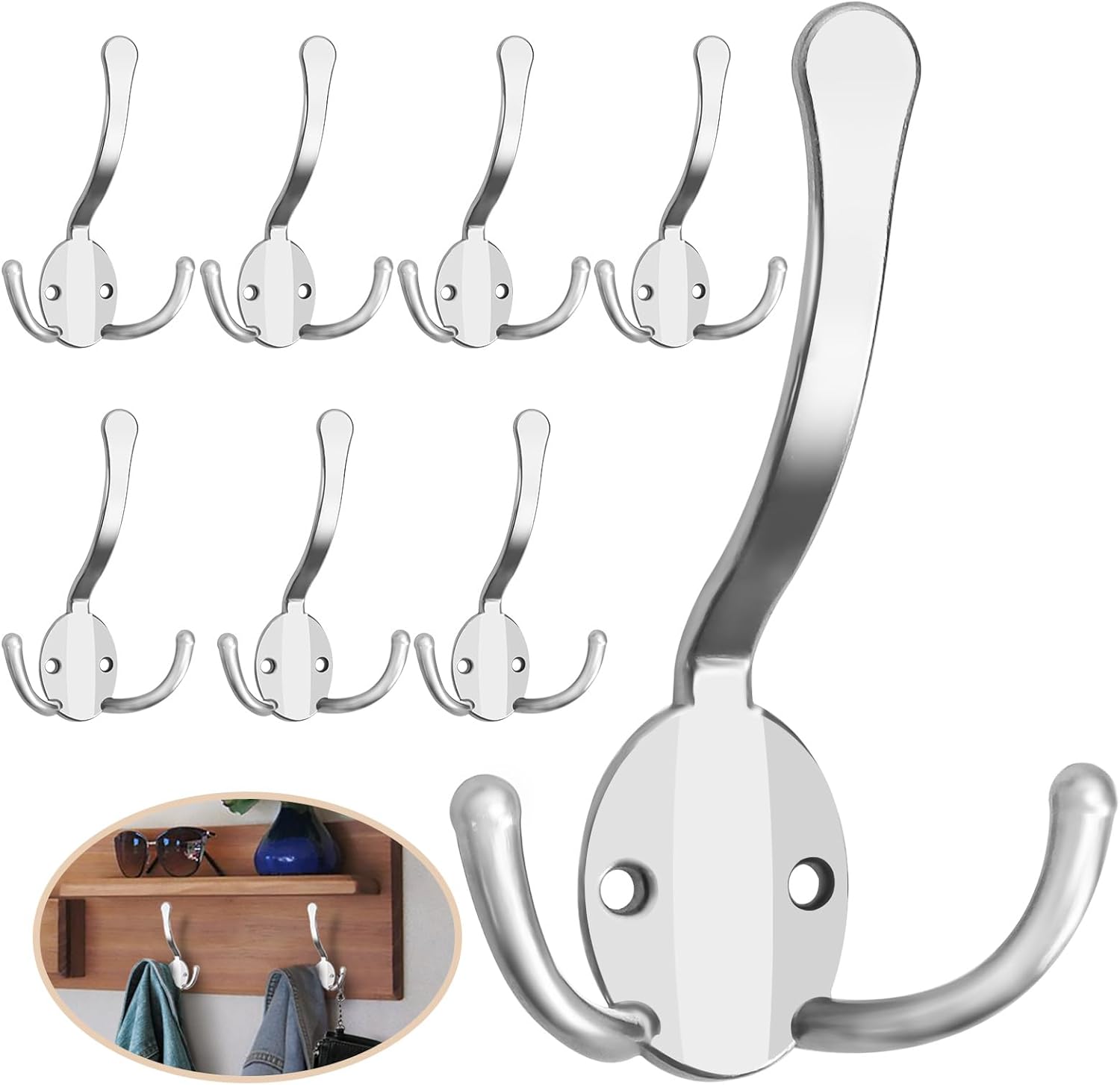 Homanu 8 Pack Coat Hooks Heavy Duty, Metal Three Prongs Large Coat Hooks Wall Mounted with 16 Screws, No Rust Silver Rustic Wall Hooks for Hanging Towel, Coat, Scarf, Bag, Hat, Cup, Key