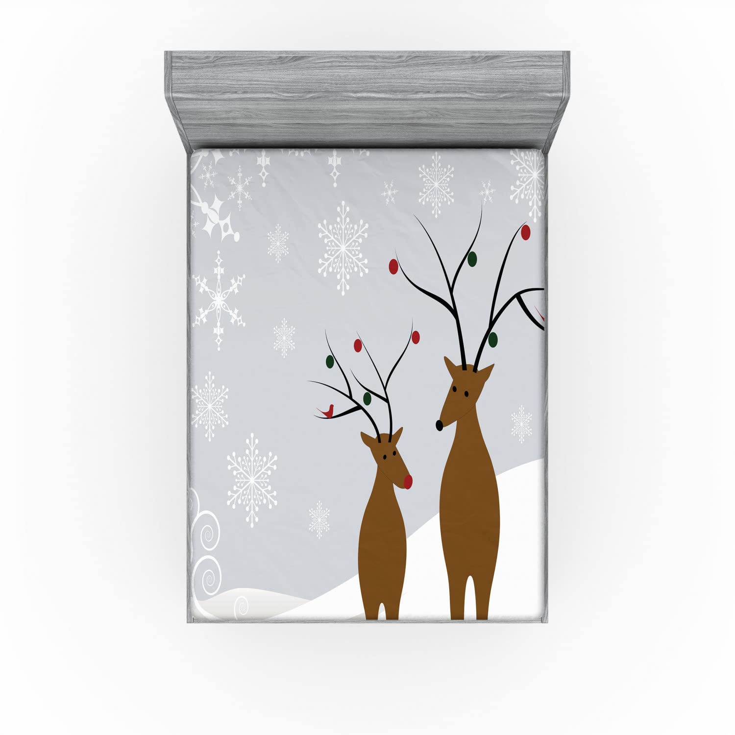Ambesonne Christmas Fitted Sheet, Reindeers at Noel Time Yule with Snowflakes in Winter Santa Print, Soft Decorative Fabric Bedding All-Round Elastic Pocket, Queen Size, Grey Brown