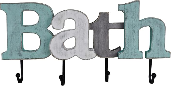 Wooden Bath Sign with Hooks Wall Word Signs Cutout Letter Wood Hanging | Bathroom Home Decor Wall Art Living Room Farmhouse Rustic Aqua
