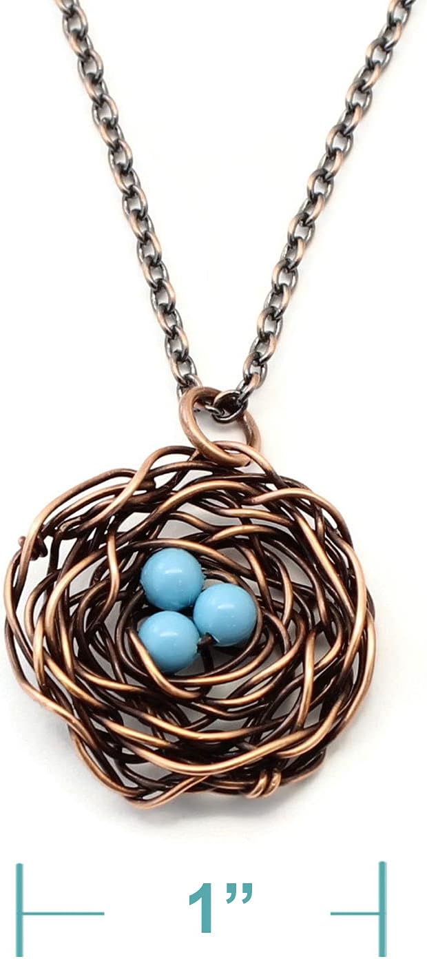 Pillar of Salt Studio Handcrafted Copper Bird Nest Pendant with Simulated Pearl Eggs (18" Chain, Turquoise Blue)