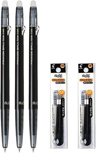 Pilot FriXion Ball Slim 038 Bolígrafo retráctil de tinta de gel borrable, punta extrafina de 0.015 in, tinta negra, 3 bolígrafos y 6 recambios