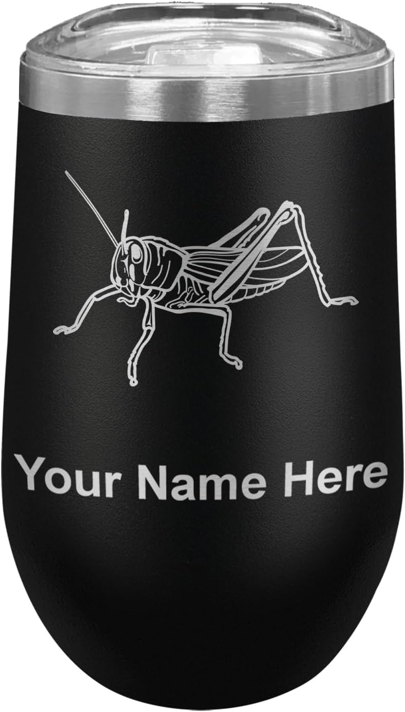 LaserGram 16oz Double Wall Stainless Steel Wine Glass Tumbler, Grasshopper, Personalized Engraving Included (Black)