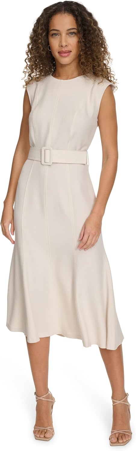 Calvin Klein Women's Sleeveless Belted A-line Flounce Midi Dress