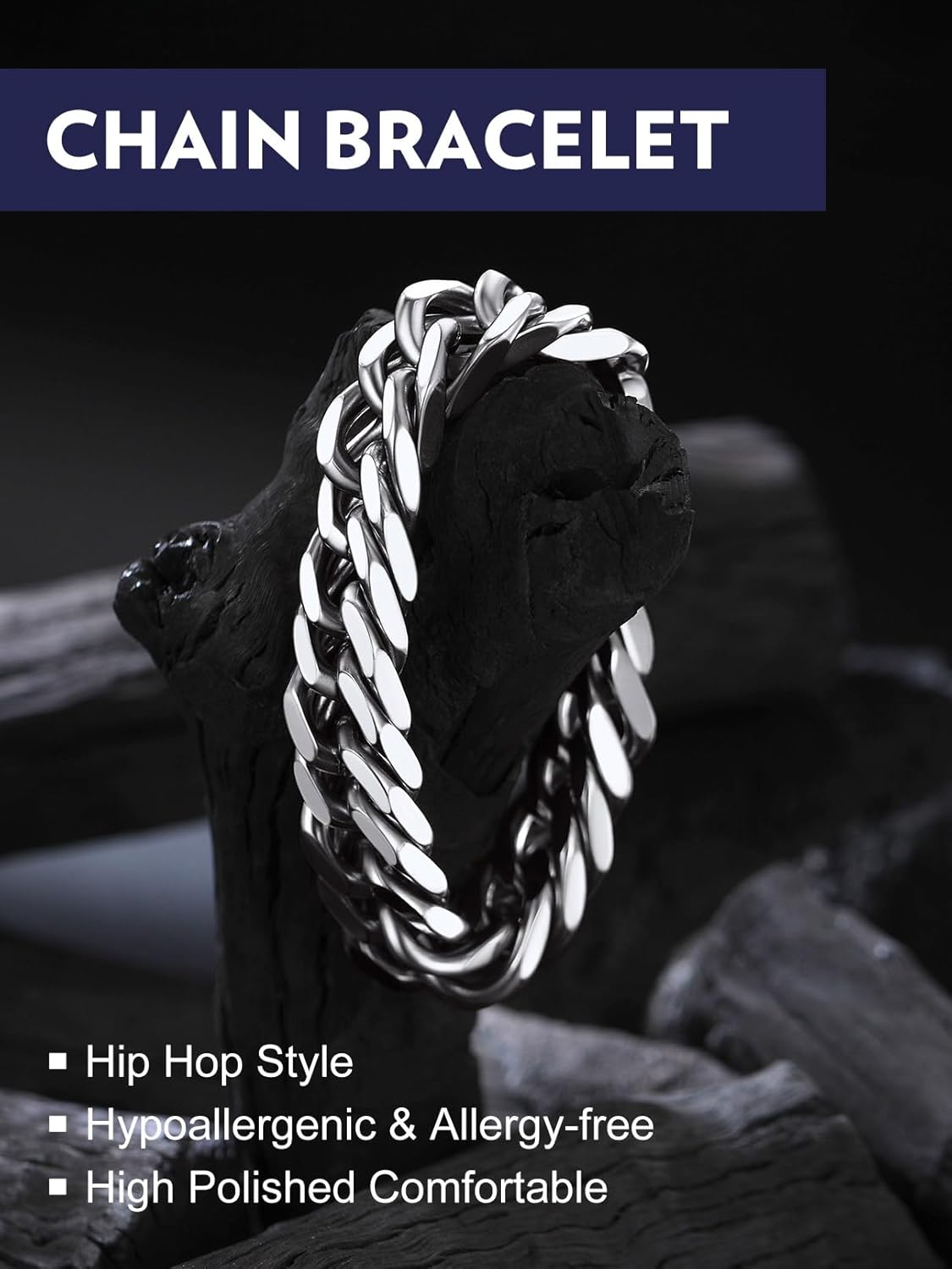 Bandmax Cuban Chain Bracelets for Men Women, Stainless Steel/Black/Gold Plated Hip Hop Chunky Miami Curb Link Wristlet Bracelet Gift for Son Grandson Husband Father - Image 9