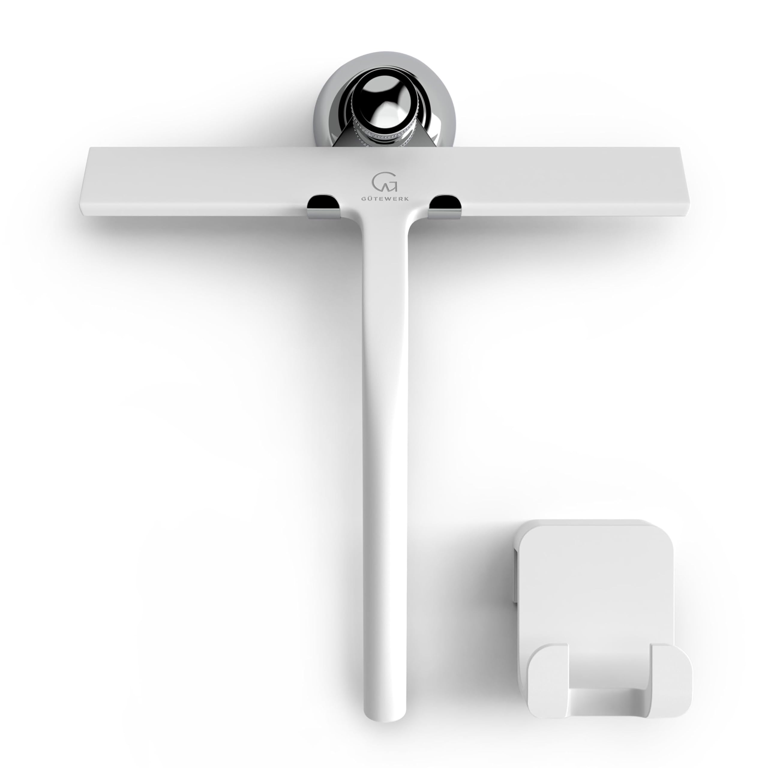 GÜTEWERK shower squeegee white 9 in - incl. chrome suction cup hook - stainless steel core - silicone rubber squeegees for bathroom cleaning - window screen wiper cleaner glass scraper blade showers