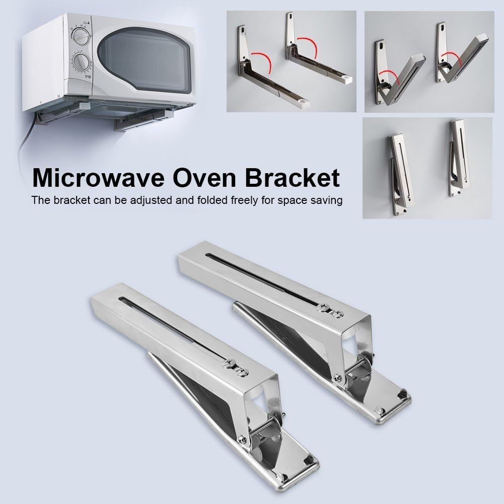 Fdit 2Pcs Microwave Oven Bracket Stainless Steel Foldable Stretch Wall Mount Rack Shelf Adjustable for Home Kitchen