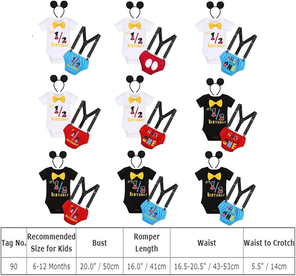 Baby Boy Mouse 1/2 First Birthday Outfit Romper + Suspenders + Pants + Headband Half Way to One Cake Smash Photo Shoot - Image 7